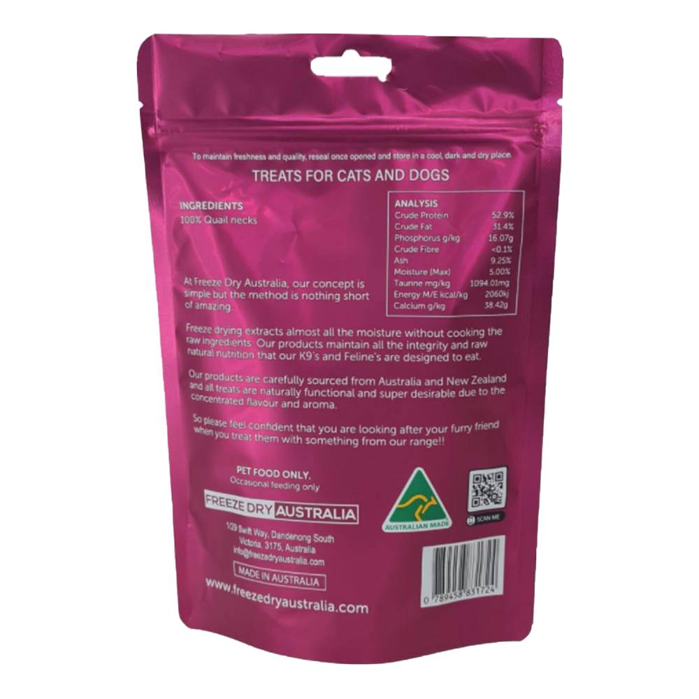 Freeze Dry Australia Quail Necks Cat & Dog Treats 100g