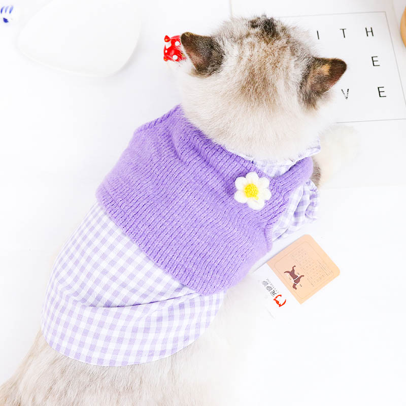 Lavender Checkered Blouse & Knitted Vest (Two-Piece)