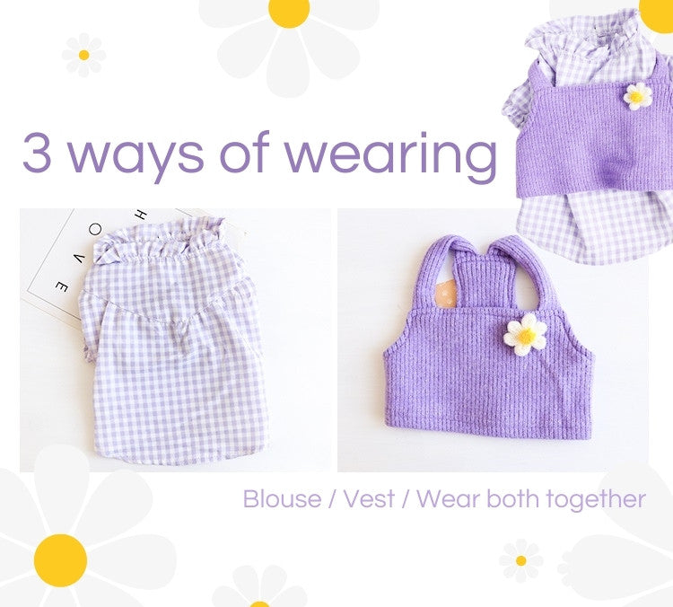 Lavender Checkered Blouse & Knitted Vest (Two-Piece)