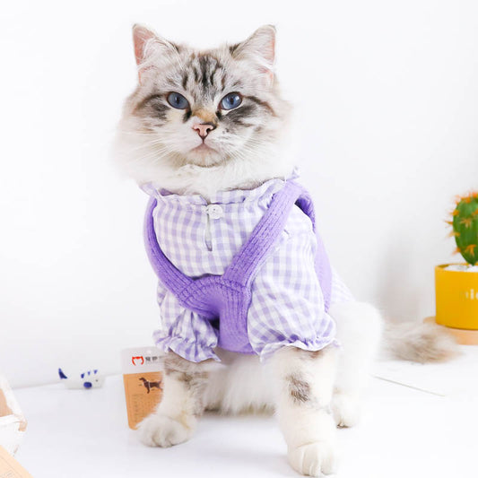 Lavender Checkered Blouse & Knitted Vest (Two-Piece)