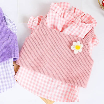 Pink Checkered Blouse & Knitted Vest (Two-Piece)