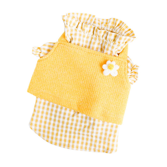 Yellow Checkered Blouse & Knitted Vest (Two-Piece)
