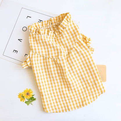 Yellow Checkered Blouse & Knitted Vest (Two-Piece)